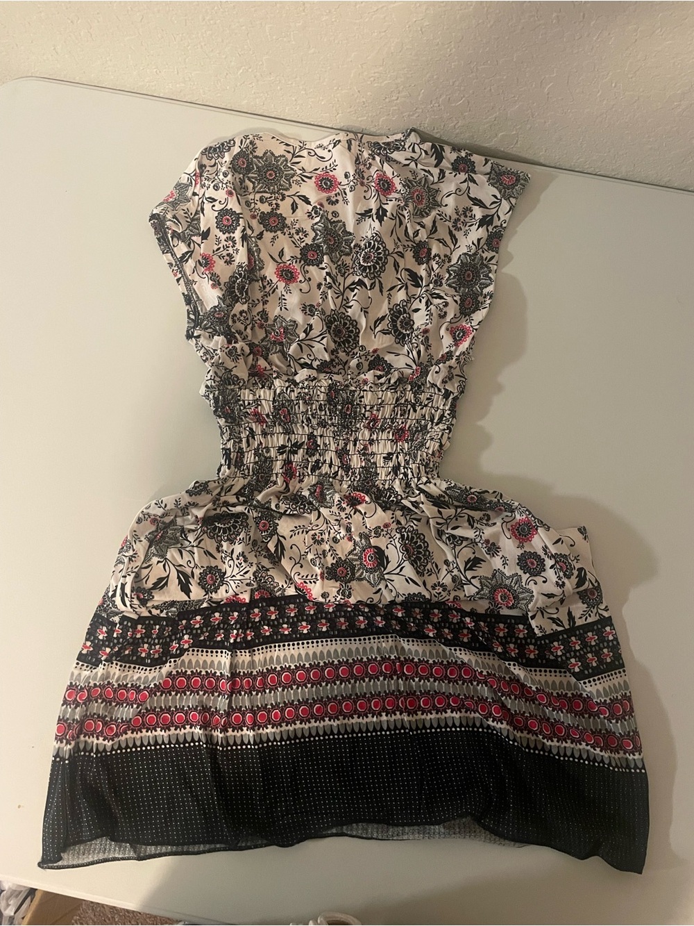 Floral Print Smocked Waist Sundress - White with Black & Pink